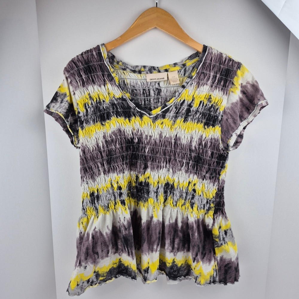 DKNY Jeans Women's 14/16 Babydoll Top Smocked Tie Dye Yellow Gray Cap Sleeve